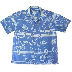 SPICY TUNA Blue White Button Up Collar Tropical Aloha Hawaiian Shirt Mens Meduim